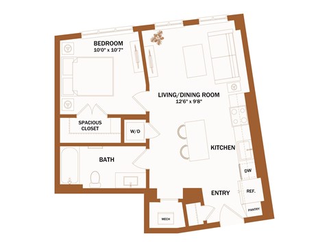 A floor plan of a house with a bedroom, living room, kitchen, bathroom, and a spacious closet.